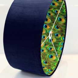 New Made By Order Luxury Double Sided Dark Deep Blue Velvet & Peacock Feathers Pattern Combination Lamp Shade Pendant Light - thumbnail 2