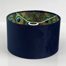 New Made By Order Luxury Double Sided Dark Deep Blue Velvet & Peacock Feathers Pattern Combination Lamp Shade Pendant Light - thumbnail 3