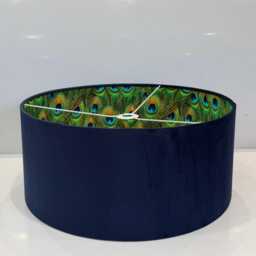 New Made By Order Luxury Double Sided Dark Deep Blue Velvet & Peacock Feathers Pattern Combination Lamp Shade Pendant Light - thumbnail 3