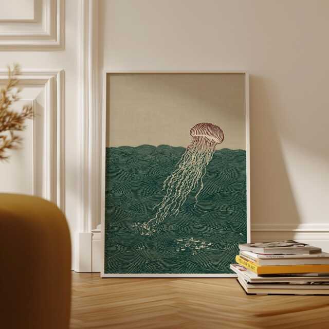 Floating Jellyfish Poster, Japanese Line Art Print - image 1