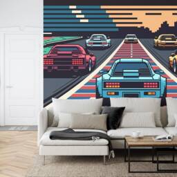 Retro Pixel Art Car Race Wallpaper Mural, Easy-Install Peel & Stick Wall Decal - thumbnail 2