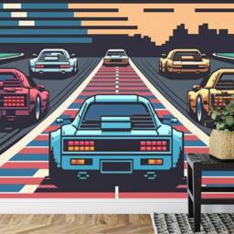 Retro Pixel Art Car Race Wallpaper Mural, Easy-Install Peel & Stick Wall Decal - thumbnail 3