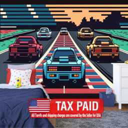 Retro Pixel Art Car Race Wallpaper Mural, Easy-Install Peel & Stick Wall Decal - thumbnail 1