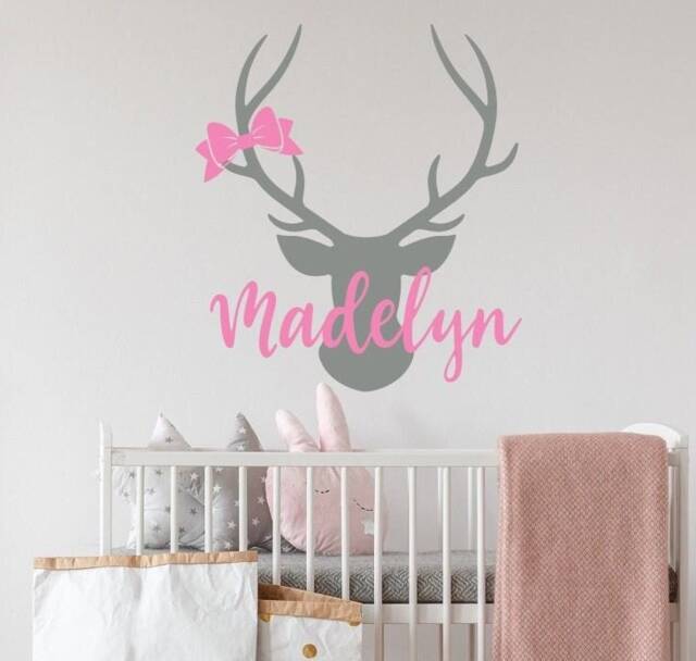 Personalized Deer Head Name Wall Decal Girl Woodland Nursery Decor, Hunting Themed Room Lw63 - image 1