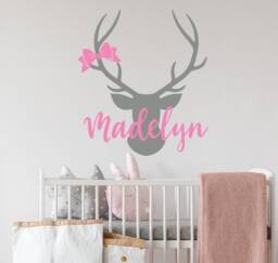 Personalized Deer Head Name Wall Decal Girl Woodland Nursery Decor, Hunting Themed Room Lw63 - thumbnail 1