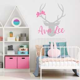 Personalized Deer Head Name Wall Decal Girl Woodland Nursery Decor, Hunting Themed Room Lw63 - thumbnail 3
