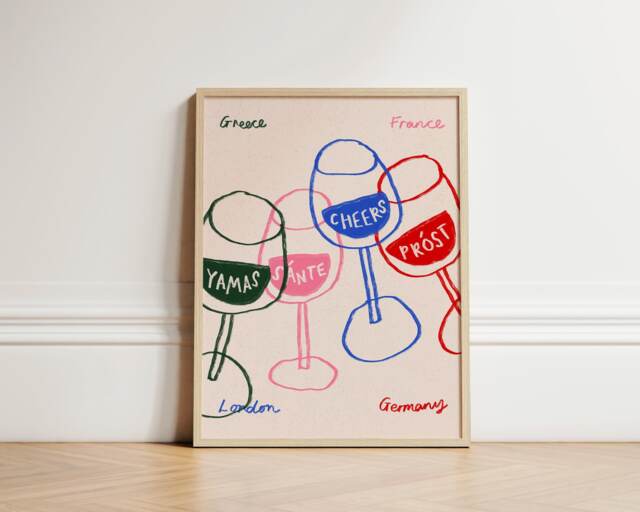 Cheers Glasses Print, Cin Poster Art Kitchen Prints, Bar Cart Wall Decor, Colourful Drinks, Art, Unframed - image 1