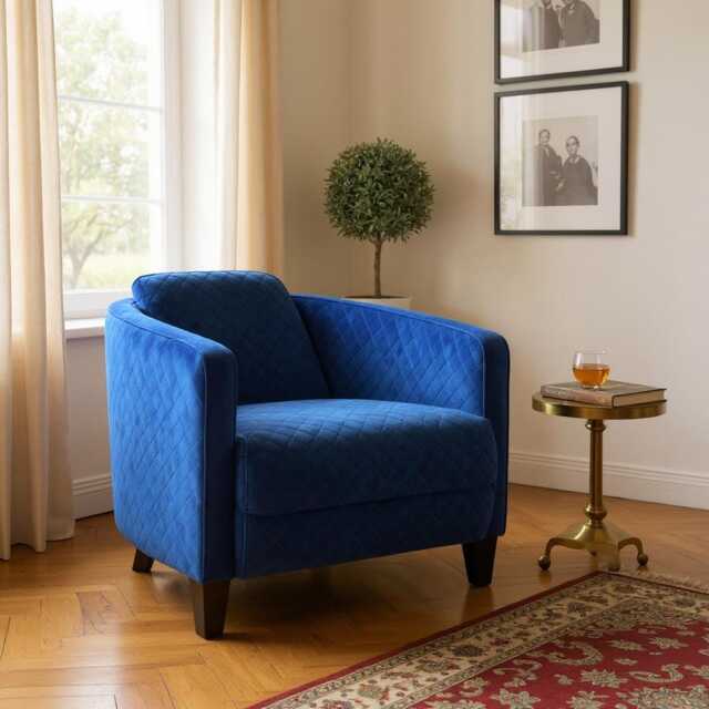 Modern Blue Velvet Armchair - Barrel Accent Tub Chair, Upholstered Bedroom & Living Room Furniture - image 1