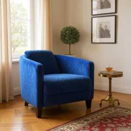 Modern Blue Velvet Armchair - Barrel Accent Tub Chair, Upholstered Bedroom & Living Room Furniture