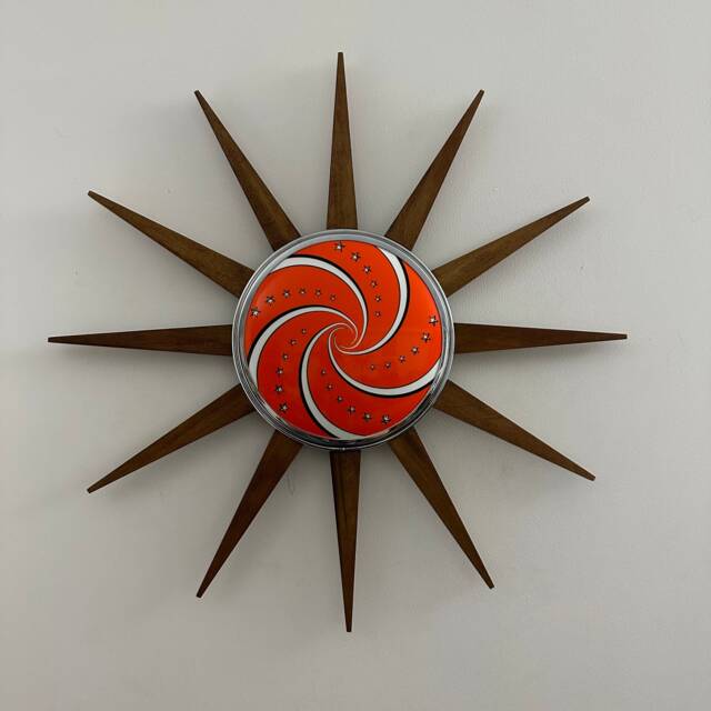 Mid Century Modern Starburst Wall Art Teak Rays, Chrome & Lucite - image 1