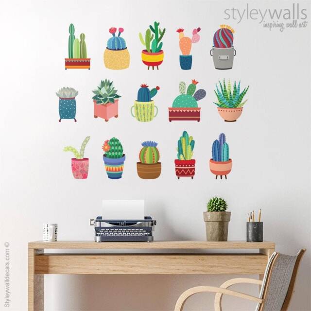 Colorful Cactus Wall Decal, Cacti Decor, Pots Sticker, Decals For Home Potted - image 1
