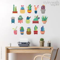 Colorful Cactus Wall Decal, Cacti Decor, Pots Sticker, Decals For Home Potted - thumbnail 1