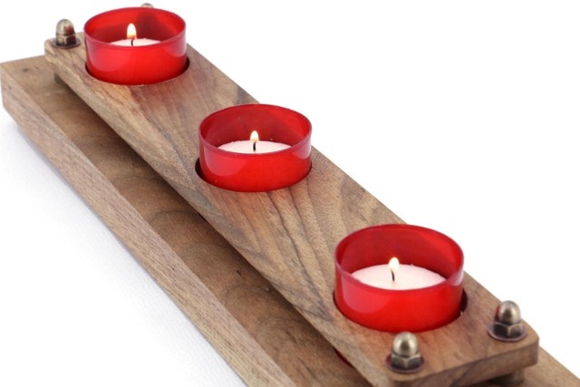 Handmade Walnut Wood Triple Candlestick Holder With Brass Accents - image 1