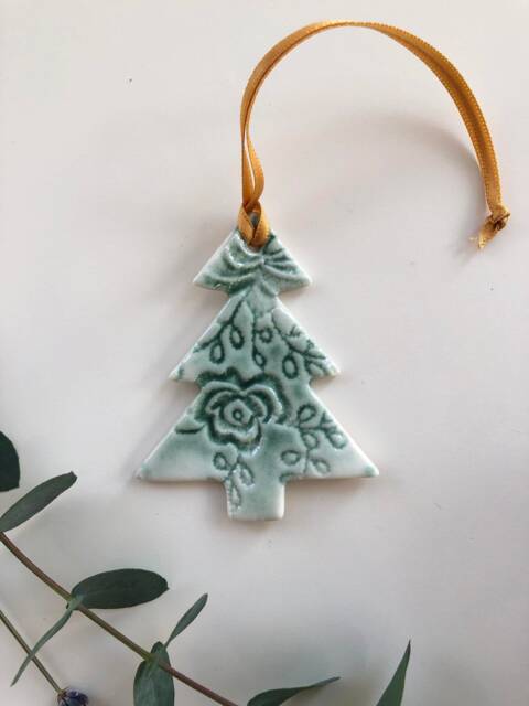 Handmade Christmas Tree - Ceramic Porcelain Xmas Decoration, Tree Topper, Hanging Decoration With Lace Imprint & Green Glaze - image 1