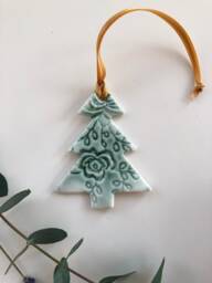 Handmade Christmas Tree - Ceramic Porcelain Xmas Decoration, Tree Topper, Hanging Decoration With Lace Imprint & Green Glaze - thumbnail 1