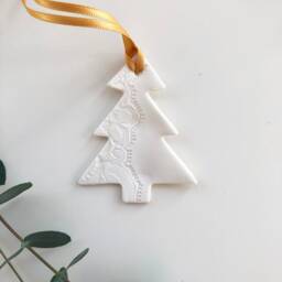 Handmade Christmas Tree - Ceramic Porcelain Xmas Decoration, Tree Topper, Hanging Decoration With Lace Imprint & Green Glaze - thumbnail 3