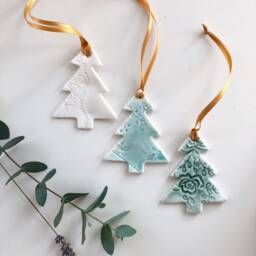 Handmade Christmas Tree - Ceramic Porcelain Xmas Decoration, Tree Topper, Hanging Decoration With Lace Imprint & Green Glaze - thumbnail 2