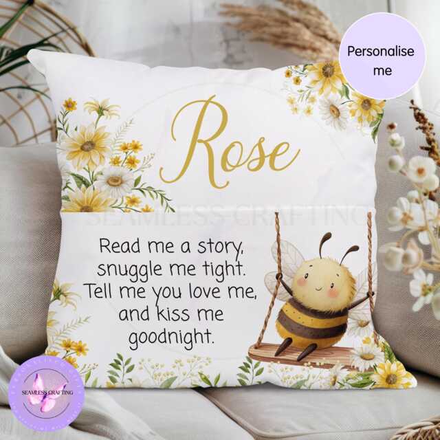 Personalised Bee Reading Cushion With Pocket, Bedtime Story Pillow, Daisy Nursery Cushion, Custom Name Kids Gift - image 1