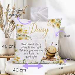 Personalised Bee Reading Cushion With Pocket, Bedtime Story Pillow, Daisy Nursery Cushion, Custom Name Kids Gift - thumbnail 3