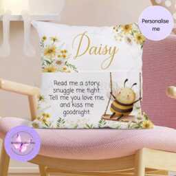 Personalised Bee Reading Cushion With Pocket, Bedtime Story Pillow, Daisy Nursery Cushion, Custom Name Kids Gift - thumbnail 4