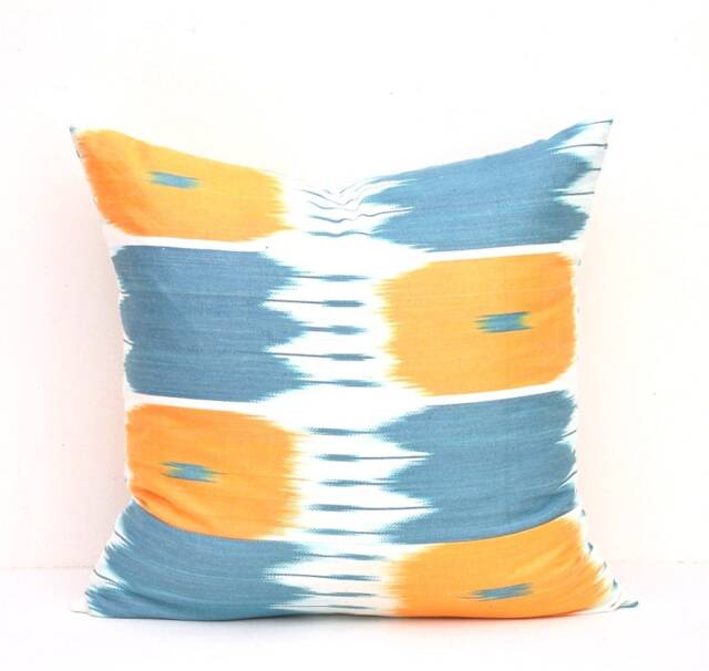 Blue Orange Ikat Pillow Cover, Handloom Cotton Cushion - 20x20 - image 1