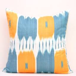 Blue Orange Ikat Pillow Cover, Handloom Cotton Cushion - 20x20 - thumbnail 2