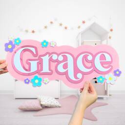Children's Acrylic Name Sign With Flower Details, Multilayer Bedroom Wall Sign, Nursery Art, Playroom, Girls Decor - thumbnail 1