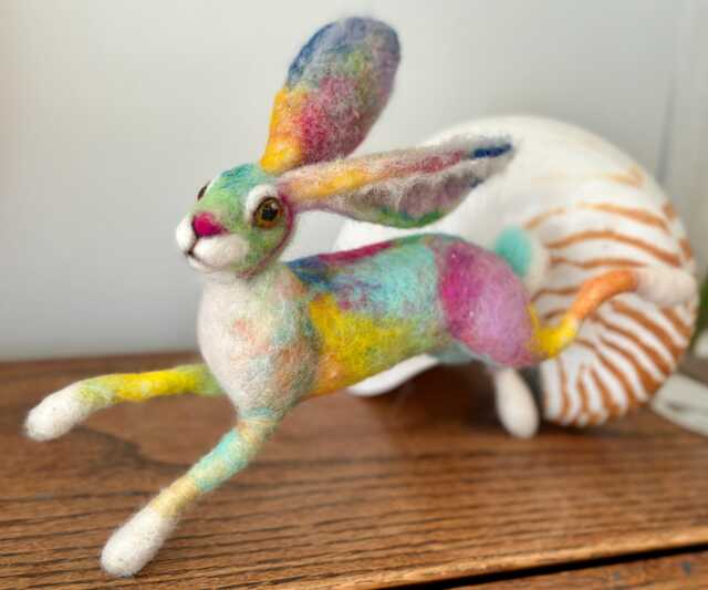 Multi Colour Needle Felted Hare Sculpture - Whimsical Woodland Animal Decor, Handmade Fibre Art, Gift For Lover, Rabbit Figurine - image 1