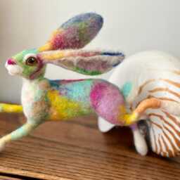 Multi Colour Needle Felted Hare Sculpture - Whimsical Woodland Animal Decor, Handmade Fibre Art, Gift For Lover, Rabbit Figurine - thumbnail 4