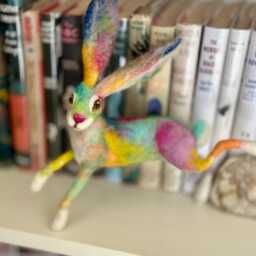 Multi Colour Needle Felted Hare Sculpture - Whimsical Woodland Animal Decor, Handmade Fibre Art, Gift For Lover, Rabbit Figurine - thumbnail 2