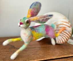 Multi Colour Needle Felted Hare Sculpture - Whimsical Woodland Animal Decor, Handmade Fibre Art, Gift For Lover, Rabbit Figurine - thumbnail 1