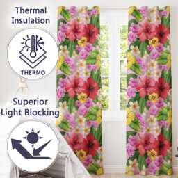Tropical Hibiscus Flowers Pink Background Plumeria Leaves Seamless Pattern Readymade Eyelet Ring Top Thermal 100% Blackout Curtains - thumbnail 3