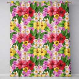 Tropical Hibiscus Flowers Pink Background Plumeria Leaves Seamless Pattern Readymade Eyelet Ring Top Thermal 100% Blackout Curtains - thumbnail 2
