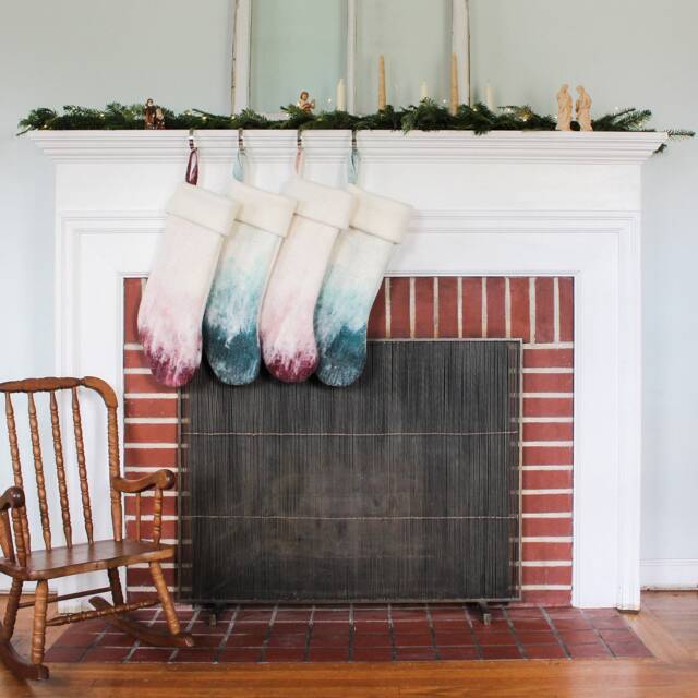 Wool Christmas Stockings, Blush With Burgundy, Emerald Mint, Thick & Cozy - image 1
