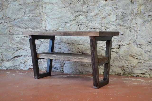 Handmade Reclaimed Wood Hallway Bench Industrial Steel Frame Shoe Rack - image 1