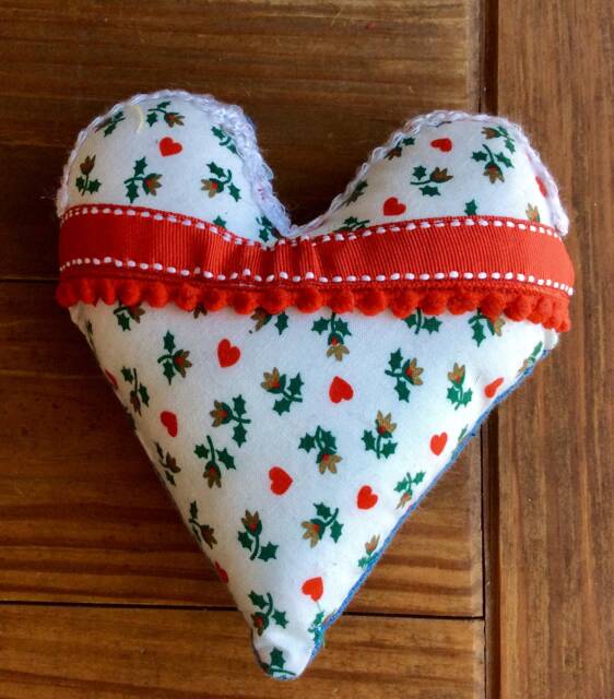 Handmade Heart Pillow, Red Trim, Recycled Denim, Christmas Ornament - image 1