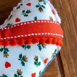 Handmade Heart Pillow, Red Trim, Recycled Denim, Christmas Ornament - thumbnail 2
