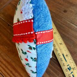 Handmade Heart Pillow, Red Trim, Recycled Denim, Christmas Ornament - thumbnail 3