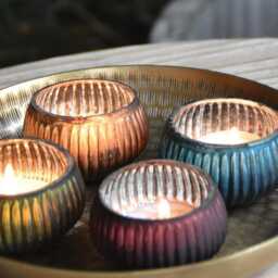 Mini Blue Glass Tea Light Candle Holder X1 - Ribbed & Silver Christmas Xmas Votive T-Light - thumbnail 2