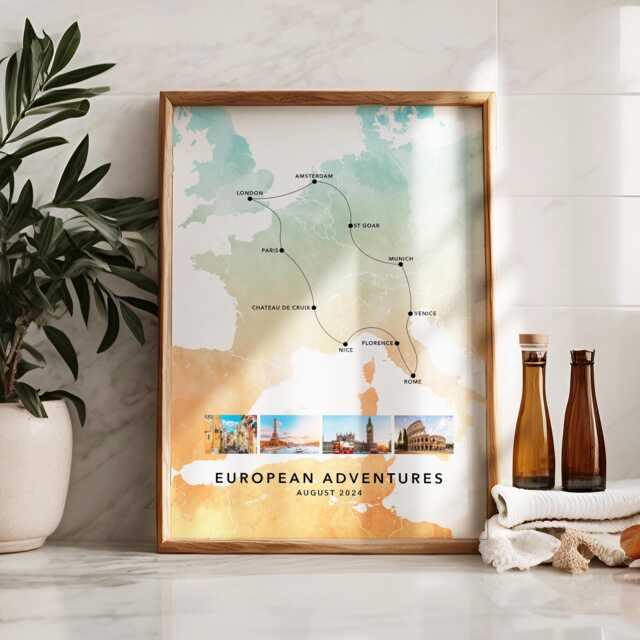 Europe Personalised Travel Map Print With Photo Collage Custom Poster Engagement Honeymoon Gift Eurotrip - image 1