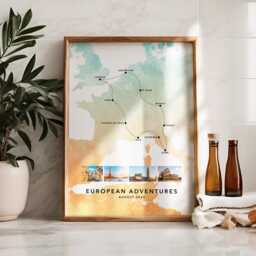 Europe Personalised Travel Map Print With Photo Collage Custom Poster Engagement Honeymoon Gift Eurotrip - thumbnail 1