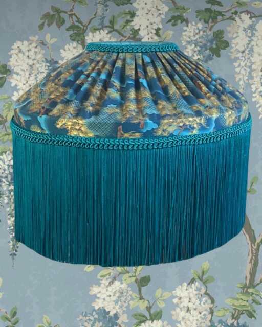 Handmade Turquoise Fringe Lampshade, Art Deco Bonsai Tree Design - image 1