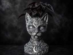 Gothic Cat Planter - Cast Stone Plant Pot Witches Familiar Decor Handmade UK