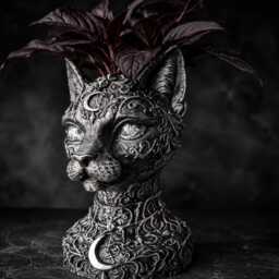 Gothic Cat Planter - Cast Stone Plant Pot Witches Familiar Decor Handmade UK - thumbnail 2