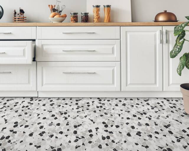 stone Marble Terrazzo Boho Pattern Vinyl Flooring, Gray Retro Floor Cover, Black Flooring Decor, Modern Gift For Her - image 1
