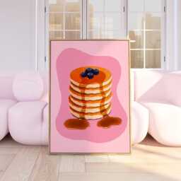 Blueberry Pancake Art Print, Breakfast Wall Decor, Trendy Kitchen Print , Food Illustration, Retro Pancakes & Syrup Art, Brunch Home 3018 - thumbnail 1