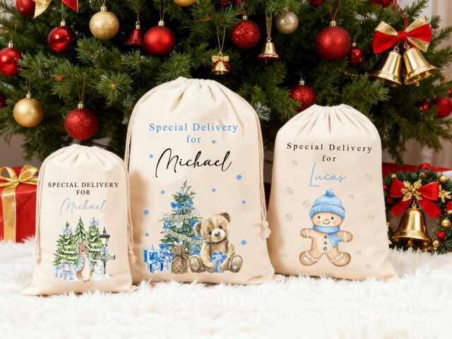 Personalized Large Santa Christmas Sack For Boys Xmas Toy With Name & Bear Gingerbread Man Stocking Gift Kids - image 1