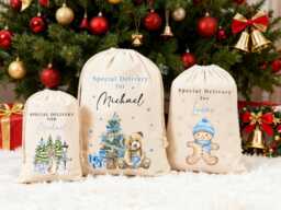 Personalized Large Santa Christmas Sack For Boys Xmas Toy With Name & Bear Gingerbread Man Stocking Gift Kids - thumbnail 1