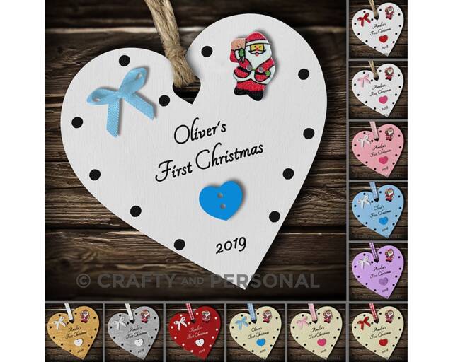 Personalised Baby's 1st First Christmas Bauble Wooden Heart Tree Ornament Or Magnet Gift For Boy Girl - image 1