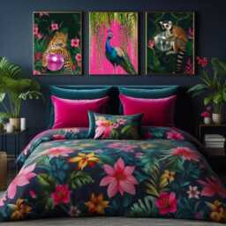 Jungle Disco Animal Print Set Of 3 - Peacock, Leopard & Lemur Wall Art Maximalist Exotic Decor Hot Pink & Green Prints - thumbnail 3